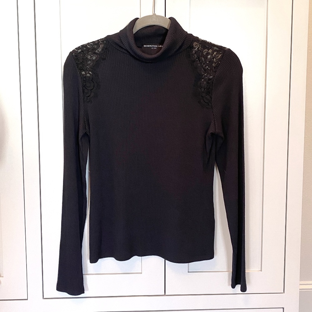 Black Ribbed Turtleneck + Lace | XS